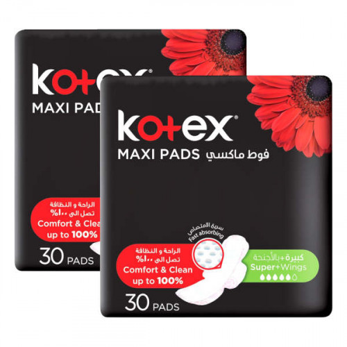 Kotex Maxi Pads Super + Wings 2 x 30 Pads 